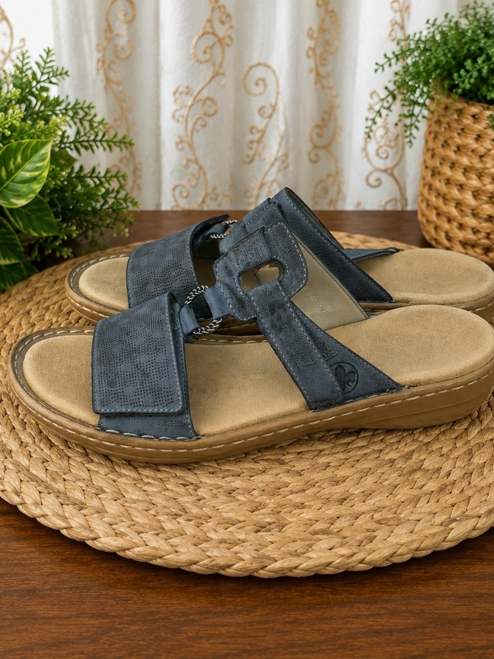 Rieker Blue Grey Leather Comfort Sandals EU 39 Adjustable Slide